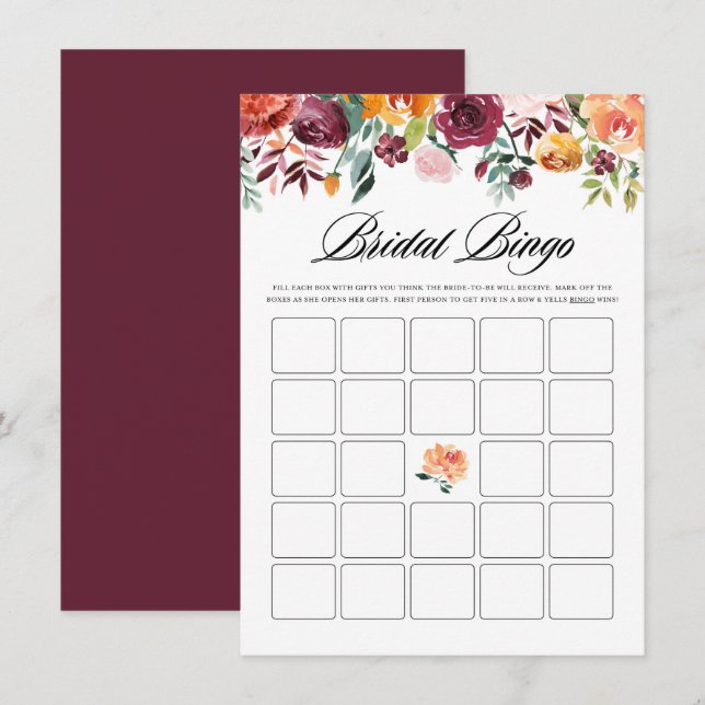 Carte D'accompagnement Aquarelle Fleurs d'automne Bridal Bingo jeu de dou (Devant / Derrière)