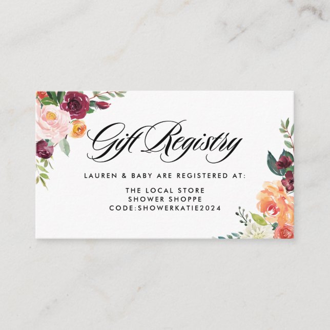 Carte D'accompagnement Aquarelle Fleurs d'automne Registre Baby shower d' (Devant)