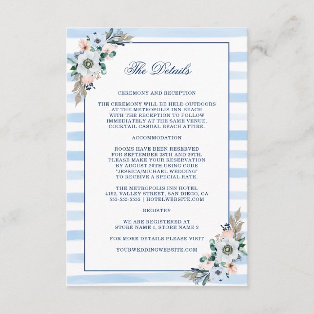 Carte D'accompagnement Aquarelle Floral Bleu Bleu Bandes Détails Mariage (Devant)