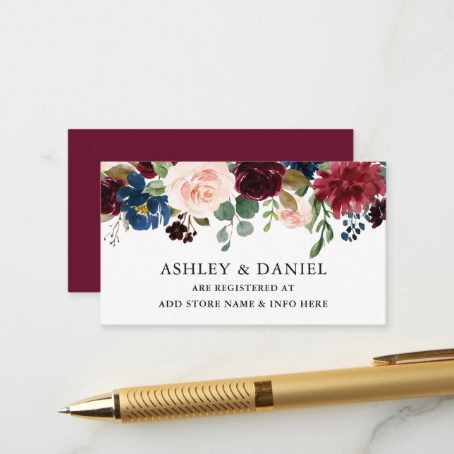 Carte D'accompagnement Aquarelle Floral Bourgogne Registre Mariage (Devant/Arrière en situation)