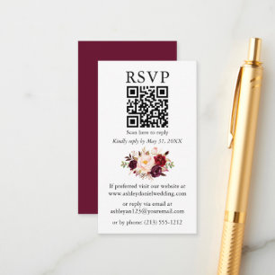 Carte D'accompagnement Aquarelle Floral Mariage QR Bourgogne RSVP