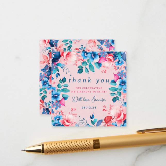 Carte D'accompagnement Aquarelle Floral Merci d'anniversaire Insérer Blus (Devant/Arrière en situation)