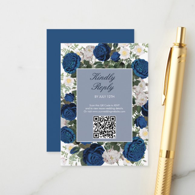 Carte D'accompagnement Aquarelle Florale Bleue Moderne Mariage élégant (Devant/Arrière en situation)