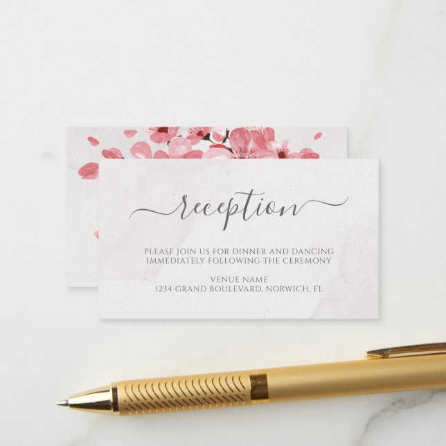 Carte D'accompagnement Aquarelle Florale Cerise Fleur Réception de mariag (Devant/Arrière en situation)