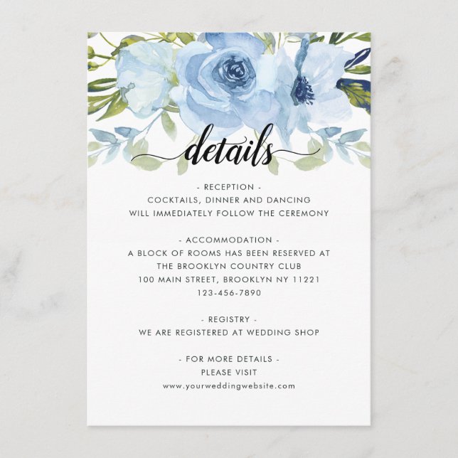 Carte D'accompagnement Aquarelle florale Light Blue Navy Détails du Maria (Devant)