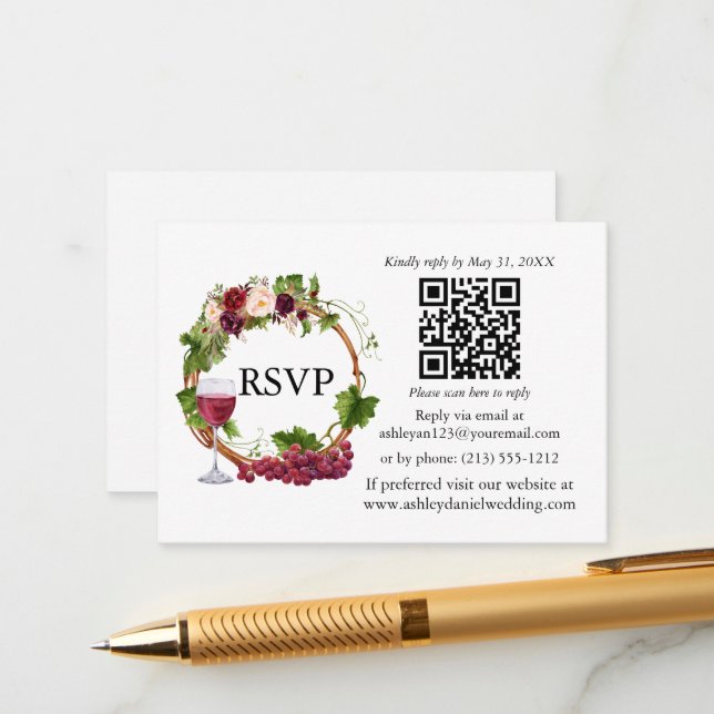 Carte D'accompagnement Aquarelle Florale Vins de raisin Wreath RSVP QR (Devant/Arrière en situation)