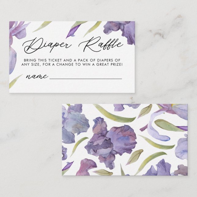 Carte D'accompagnement Aquarelle Iris Floral Printemps Baby Diaper Raffle (Devant / Derrière)