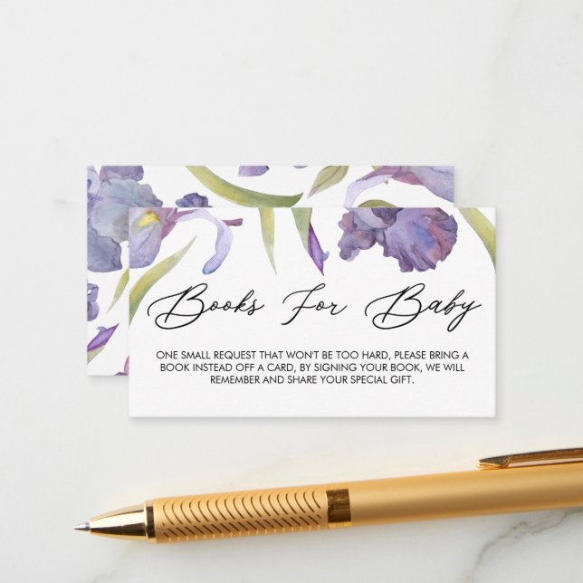 Carte D'accompagnement Aquarelle Iris Floral Spring Garden Livres Pour Ba (Devant/Arrière en situation)