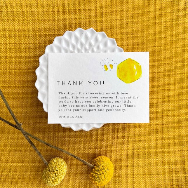 Carte D'accompagnement Aquarelle Jaune Baby shower d'abeille Merci (Watercolor buzzing bees and honeycomb baby shower Thank You note cards.)
