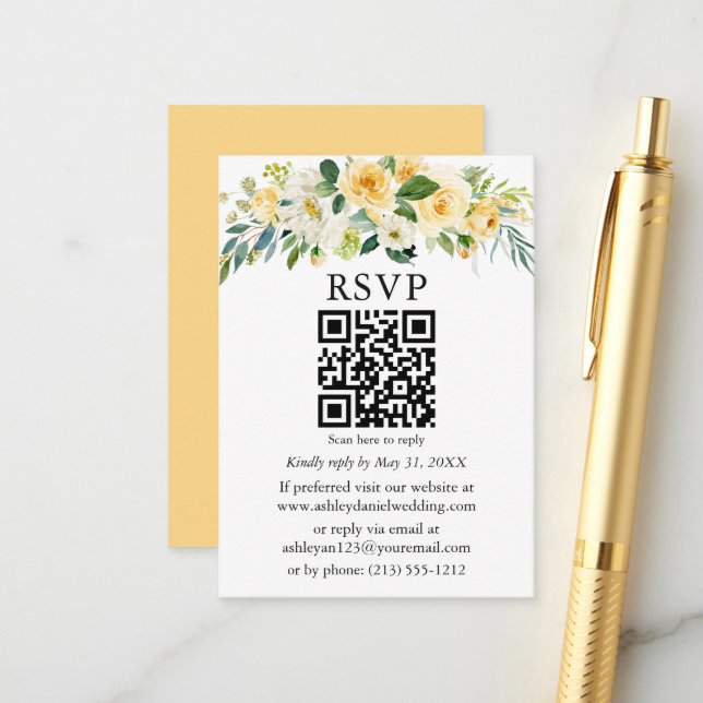 Carte D'accompagnement Aquarelle Jaune Blanc Floral Mariage QR RSVP (Devant/Arrière en situation)