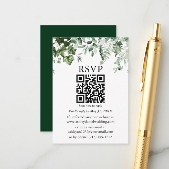 Carte D'accompagnement Aquarelle Lierre Sage Fermes Mariage vert QR RSVP (Devant/Arrière en situation)