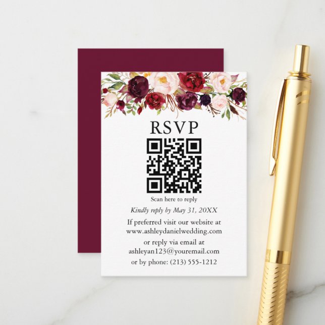 Carte D'accompagnement Aquarelle mariage Bourgogne Floral QR RSVP (Devant/Arrière en situation)