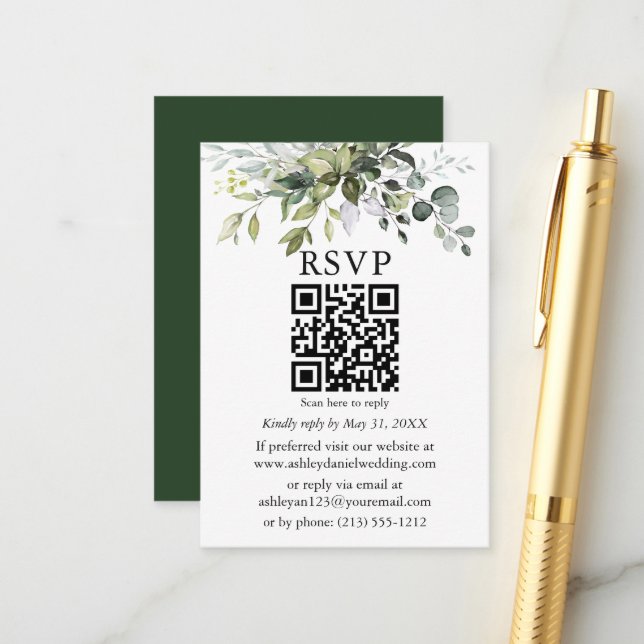 Carte D'accompagnement Aquarelle Mariage de verdure QR RSVP (Devant/Arrière en situation)