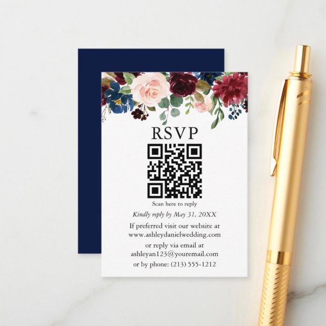 Carte D'accompagnement Aquarelle Mariage floral mixte bleu QR RSVP (Devant/Arrière en situation)