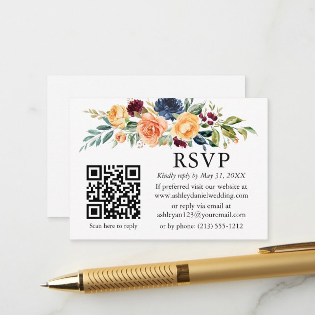 Carte D'accompagnement Aquarelle mélangée Mariage Floral QR RSVP (Devant/Arrière en situation)