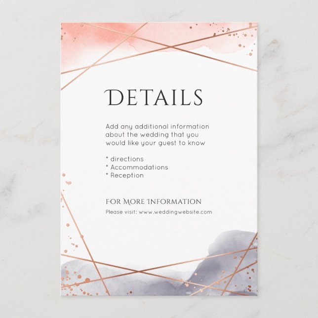 Carte D'accompagnement Aquarelle or rose Détails du mariage géométrique (Devant)