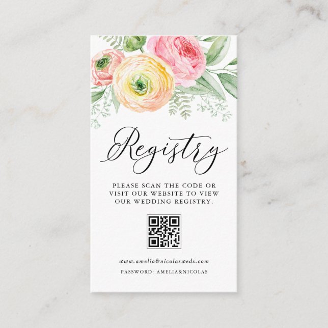Carte D'accompagnement Aquarelle Ranunculus Mariage QR Code Registre (Devant)
