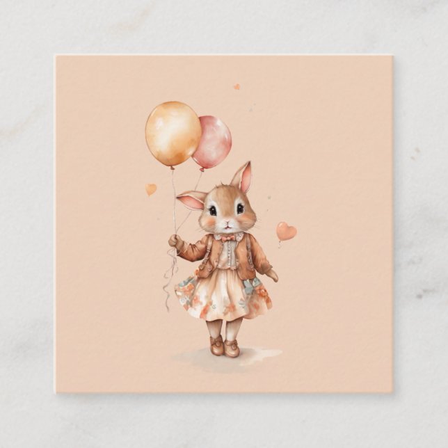 Carte D'accompagnement Aquarelle rétro Petite fille lapin avec ballons (Devant)
