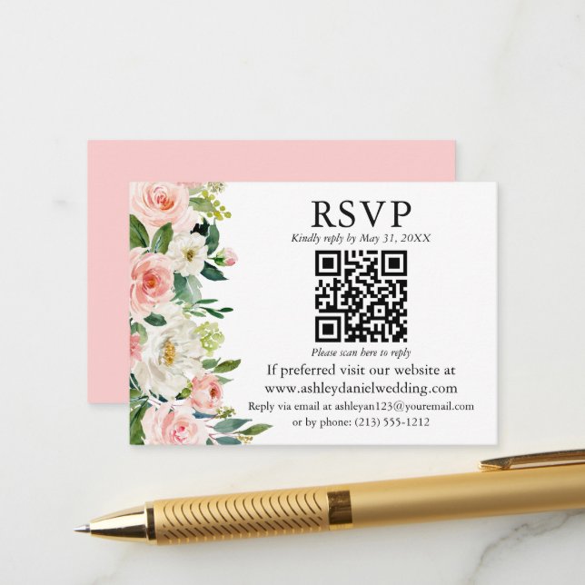 Carte D'accompagnement Aquarelle rose blanc Floral QR RSVP Mariage (Devant/Arrière en situation)
