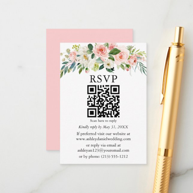 Carte D'accompagnement Aquarelle rose blanc Mariage Floral QR RSVP (Devant/Arrière en situation)