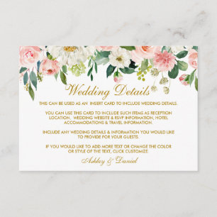 Carte D'accompagnement Aquarelle rose Blush Floral Mariage or