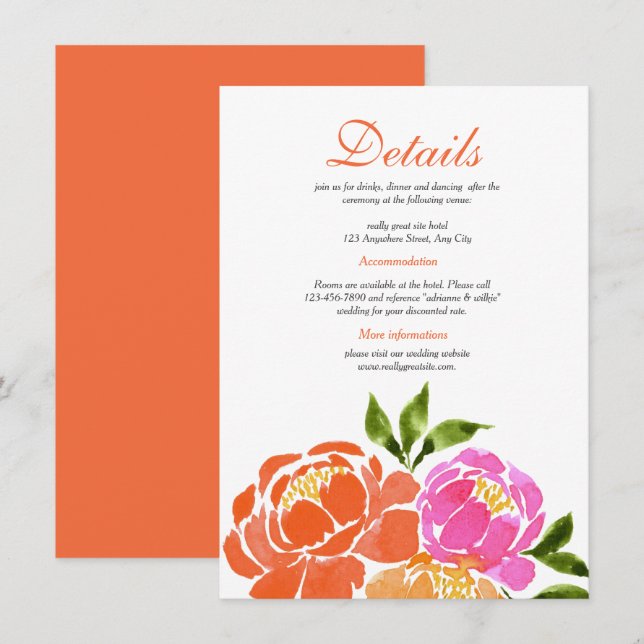 Carte D'accompagnement Aquarelle Rose chaud Orange Floral Détails du Mari (Devant / Derrière)