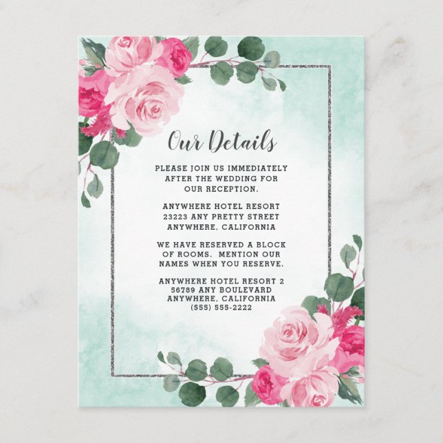 Carte D'accompagnement Aquarelle rose et argent Mariage floral (Devant)