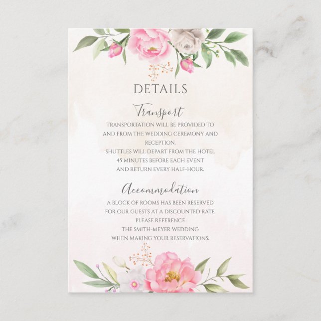 Carte D'accompagnement Aquarelle rose Floral Élégant Détails de mariage (Devant)