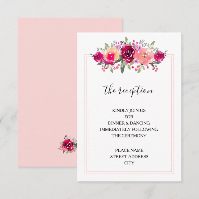 Carte D'accompagnement Aquarelle Rose Floral Mariage Réception (Devant / Derrière)
