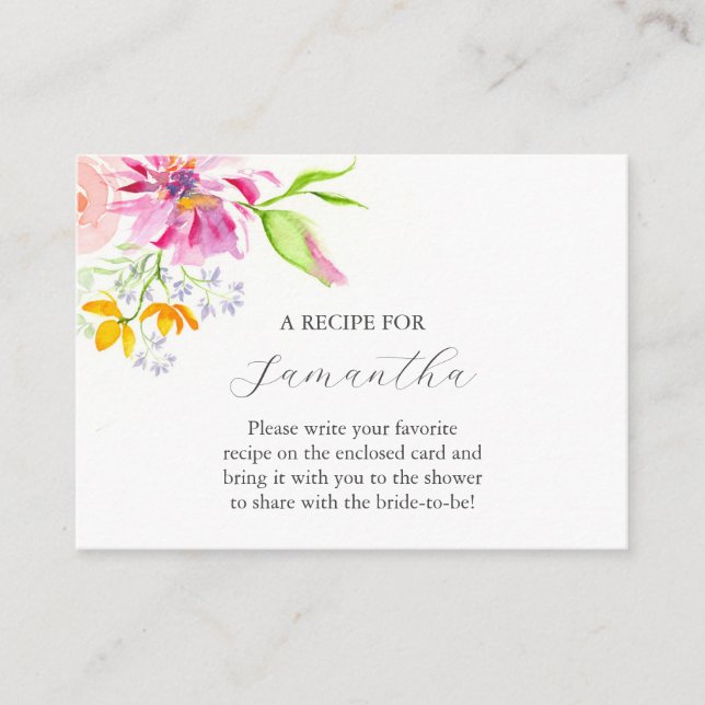 Carte D'accompagnement Aquarelle Rose Floral Recette Pour Mariée (Devant)