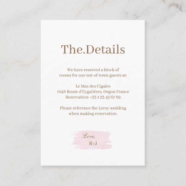 Carte D'accompagnement Aquarelle rose or blanc Mariage Détail de l'hôtel (Devant)