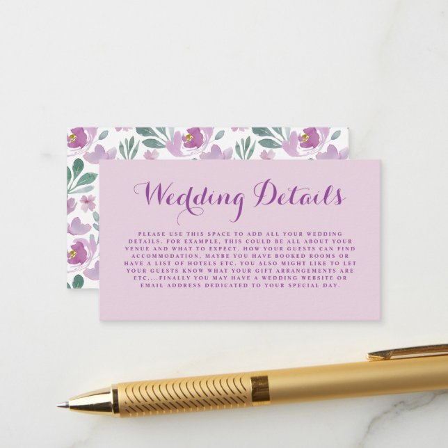 Carte D'accompagnement Aquarelle rose rustique Détails du Mariage Floral (Devant/Arrière en situation)