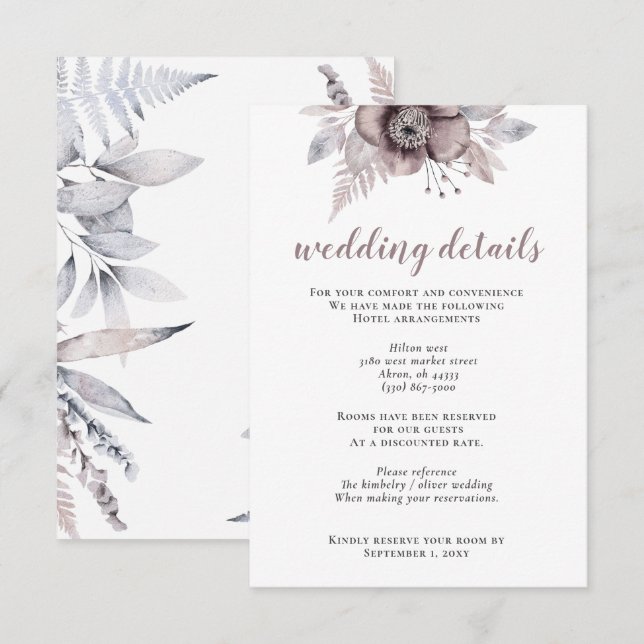 Carte D'accompagnement Aquarelle rustique Mauve Floral Mariage (Devant / Derrière)