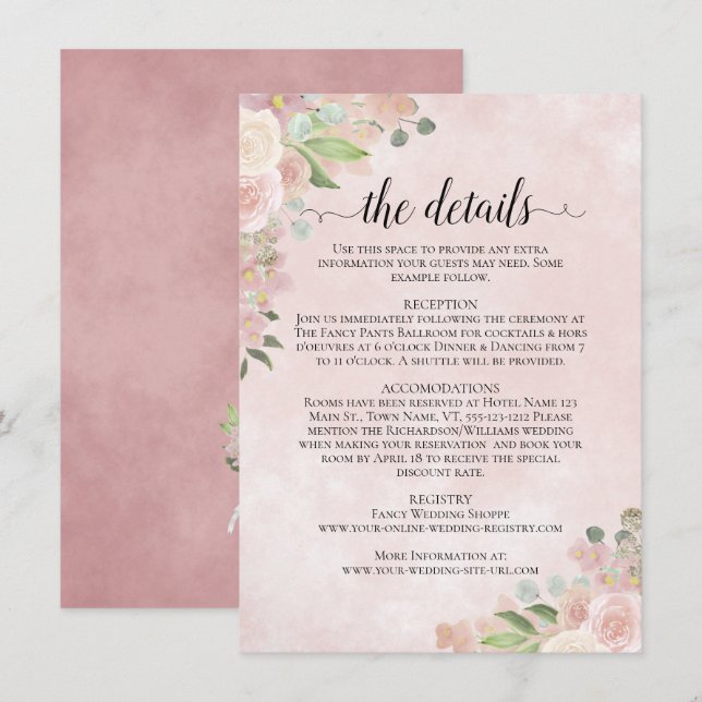Carte D'accompagnement Aquarelle Rustique rose Mariage Détails (Devant / Derrière)