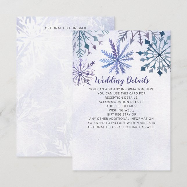 Carte D'accompagnement Aquarelle rustique Snowflakes Blue Winter Wedding (Devant / Derrière)
