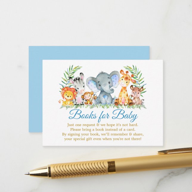Carte D'accompagnement Aquarelle Safari Animaux Blue Gold Livres pour béb (Devant/Arrière en situation)