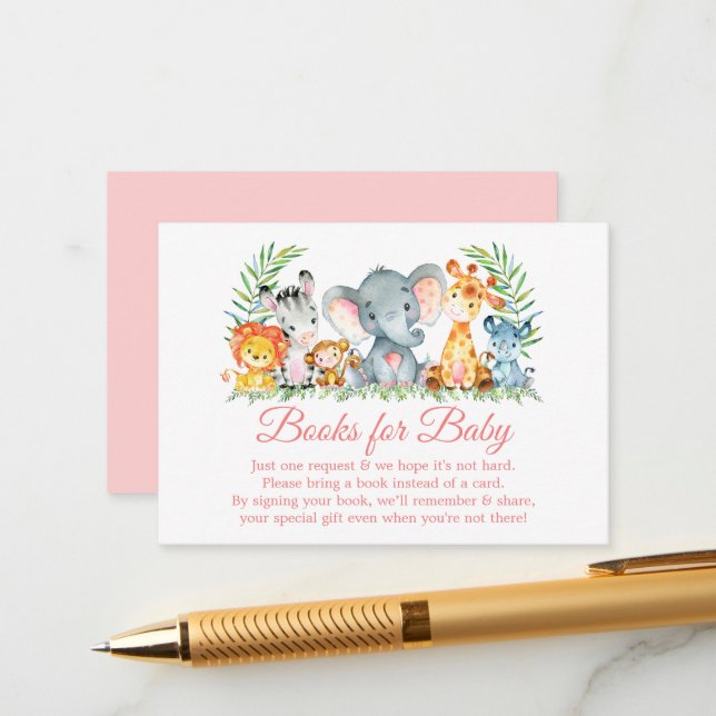 Carte D'accompagnement Aquarelle Safari Animaux Rose Livres pour bébé (Devant/Arrière en situation)