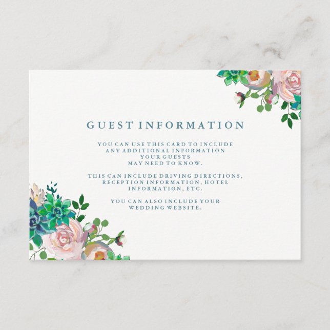 Carte D'accompagnement Aquarelle Succulents et fleurs Détails de l'invité (Devant)