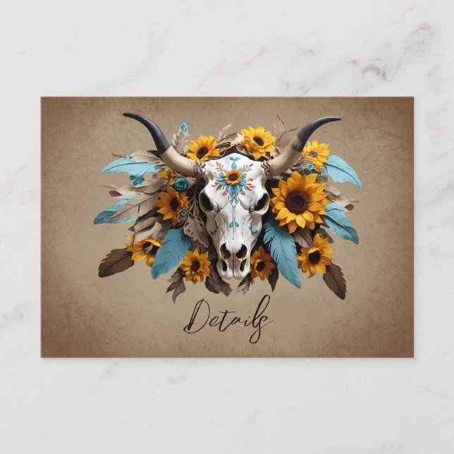 Carte D'accompagnement Aquarelle tournesol Vache Crâne Mariage QR code (Devant)