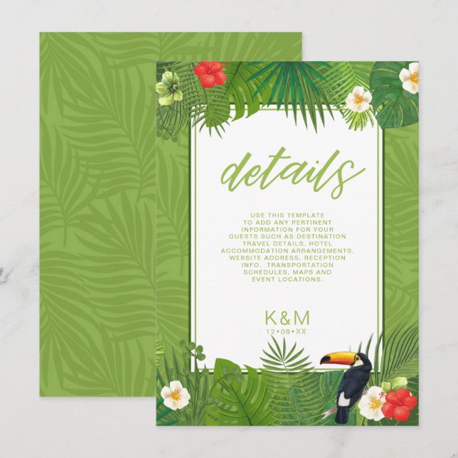 Carte D'accompagnement Aquarelle Tropical Mariage Détails Green ID577 (Devant / Derrière)