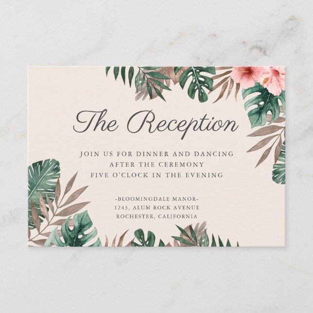Carte D'accompagnement Aquarelle tropicale Foliage Réception de mariage (Devant)