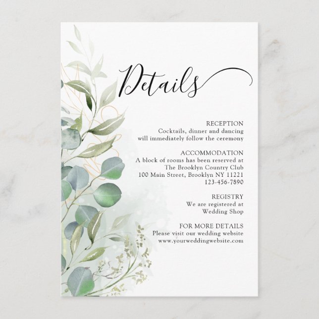 Carte D'accompagnement Aquarelle Verdure Eucalyptus Mariage or (Devant)