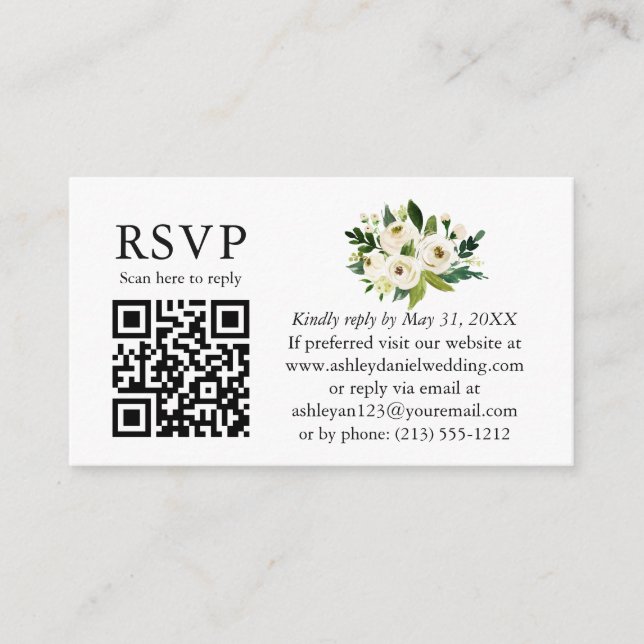 Carte D'accompagnement Aquarelle Vert Blanc Floral Mariage QR RSVP (Devant)