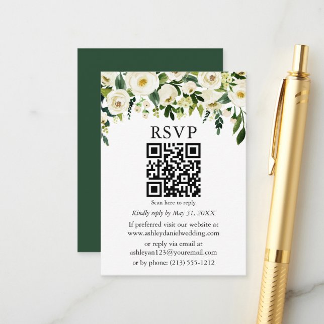 Carte D'accompagnement Aquarelle Vert Blanc Floral QR Wedding RSVP (Devant/Arrière en situation)