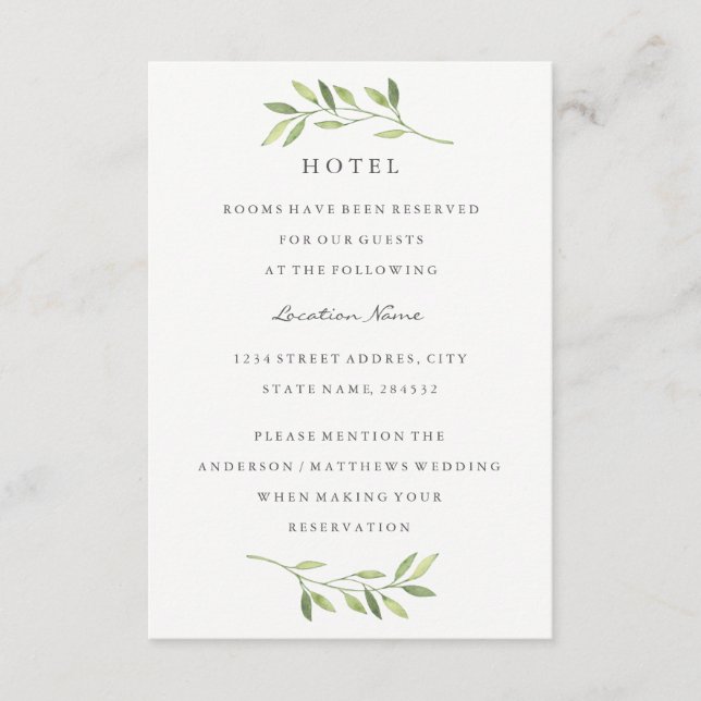 Carte D'accompagnement Aquarelle Vert Feuille Mariage Hôtel Hébergement (Devant)
