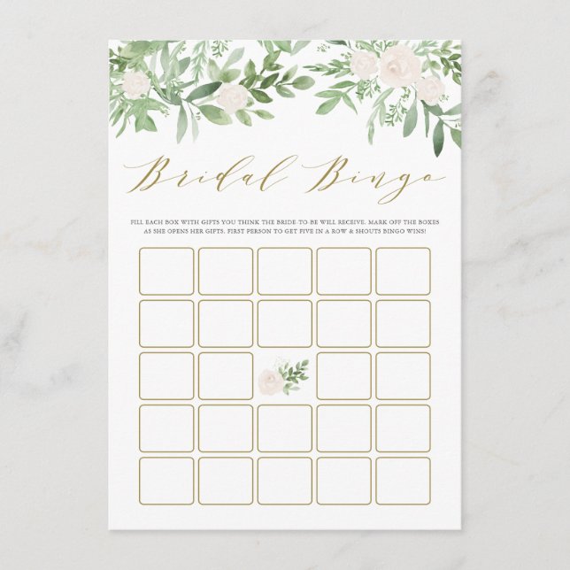 Carte D'accompagnement Aquarelle Vert Fleurs blanches Bingo nuptiale (Devant)