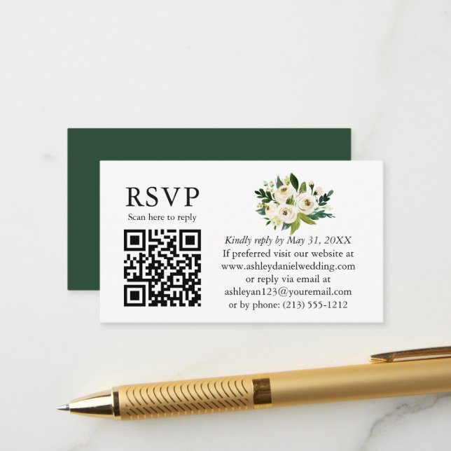 Carte D'accompagnement Aquarelle Vert Floral blanc QR RSVP Mariage (Devant/Arrière en situation)