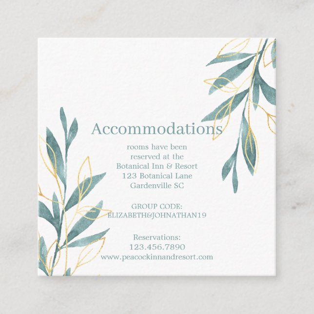 Carte D'accompagnement Aquarelle Vert or Floral Mariage Hébergement (Devant)