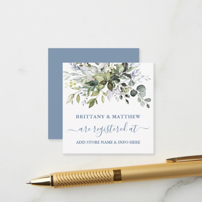 Carte D'accompagnement Aquarelle Vert Registre Mariage Dusty Blue En (Devant/Arrière en situation)