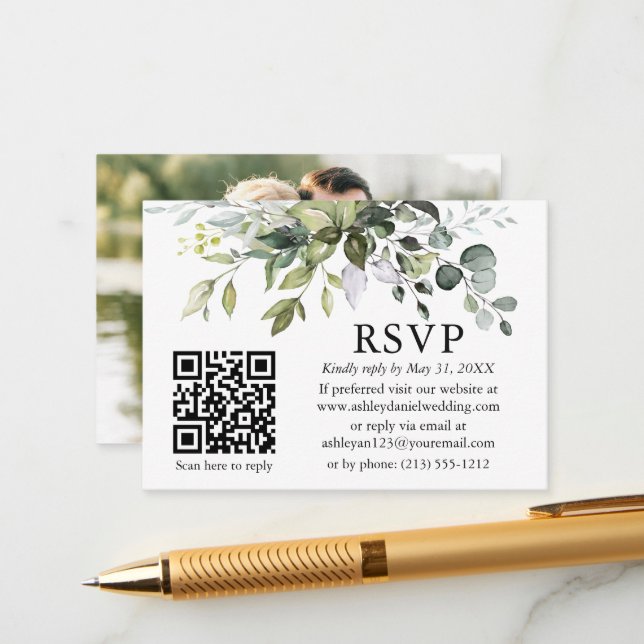 Carte D'accompagnement Aquarelle verte Mariage photo QR RSVP (Devant/Arrière en situation)